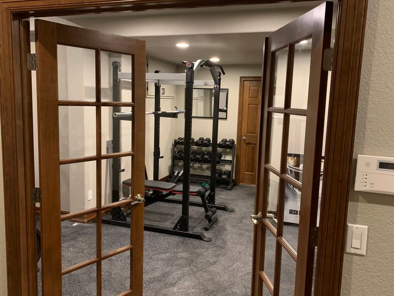 Finished basement home gym behind dark-framed glass french doors